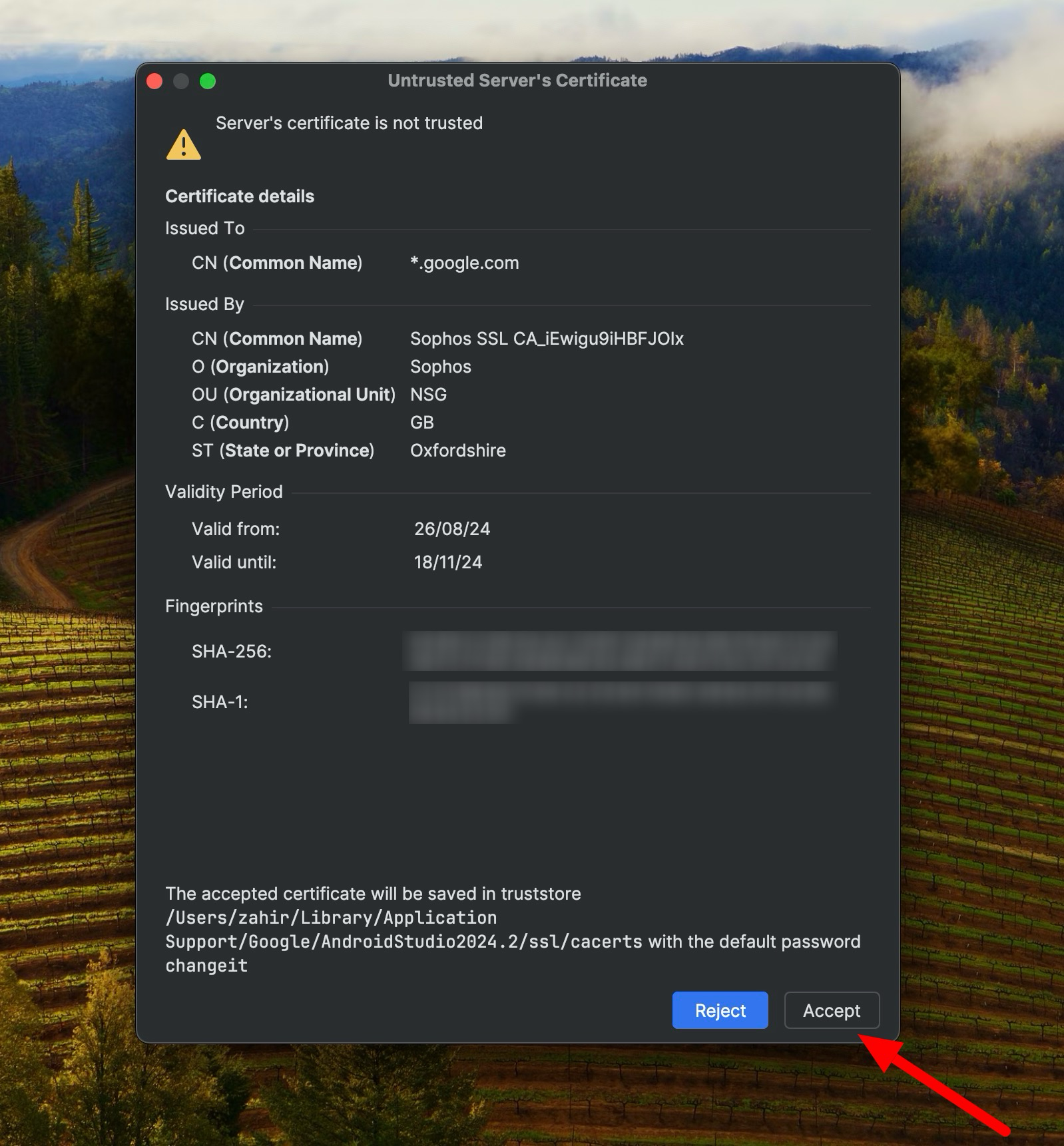 Untrusted Server's Certificate Android Studio Ladybug on Mac